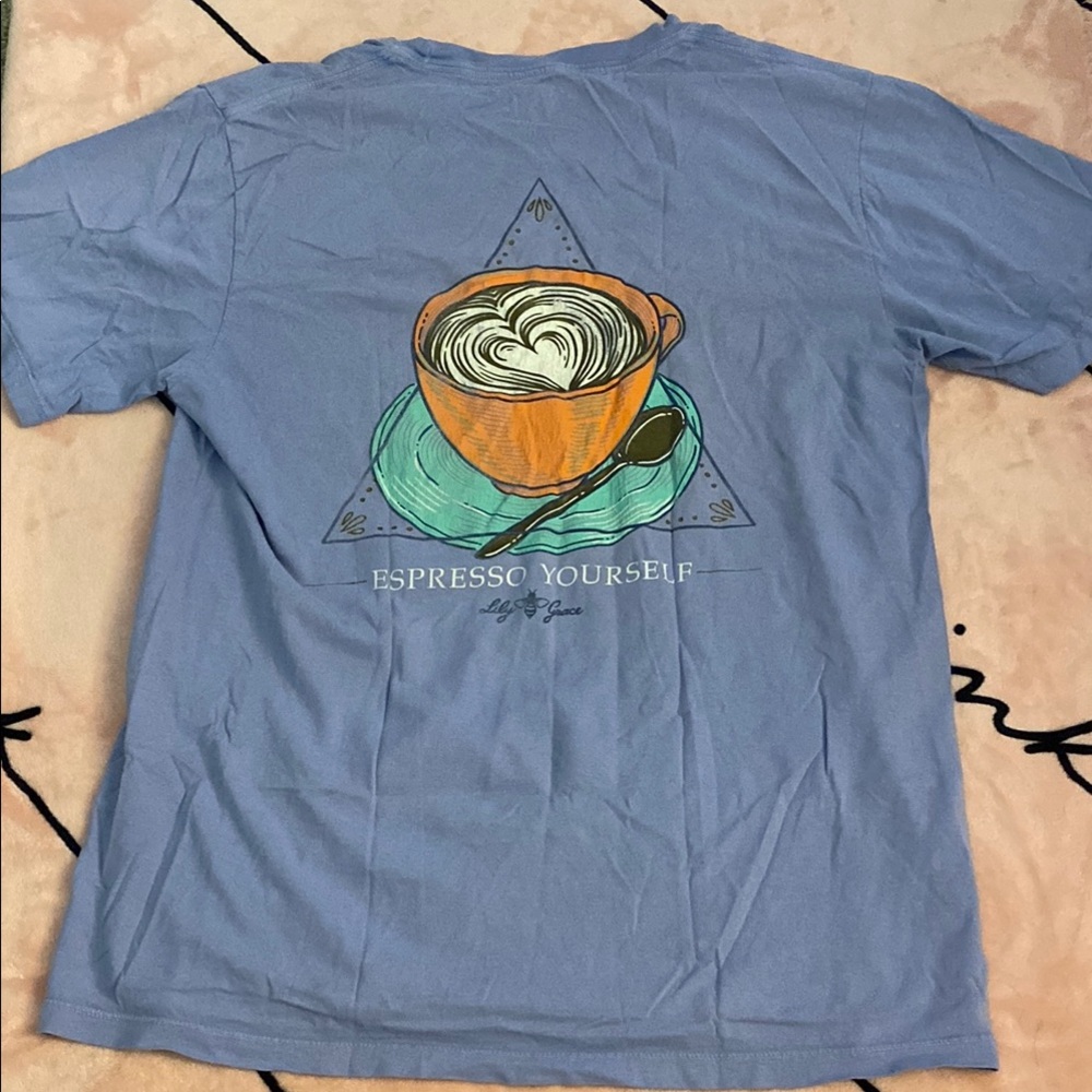 Blue Graphic Tee with Coffee Design